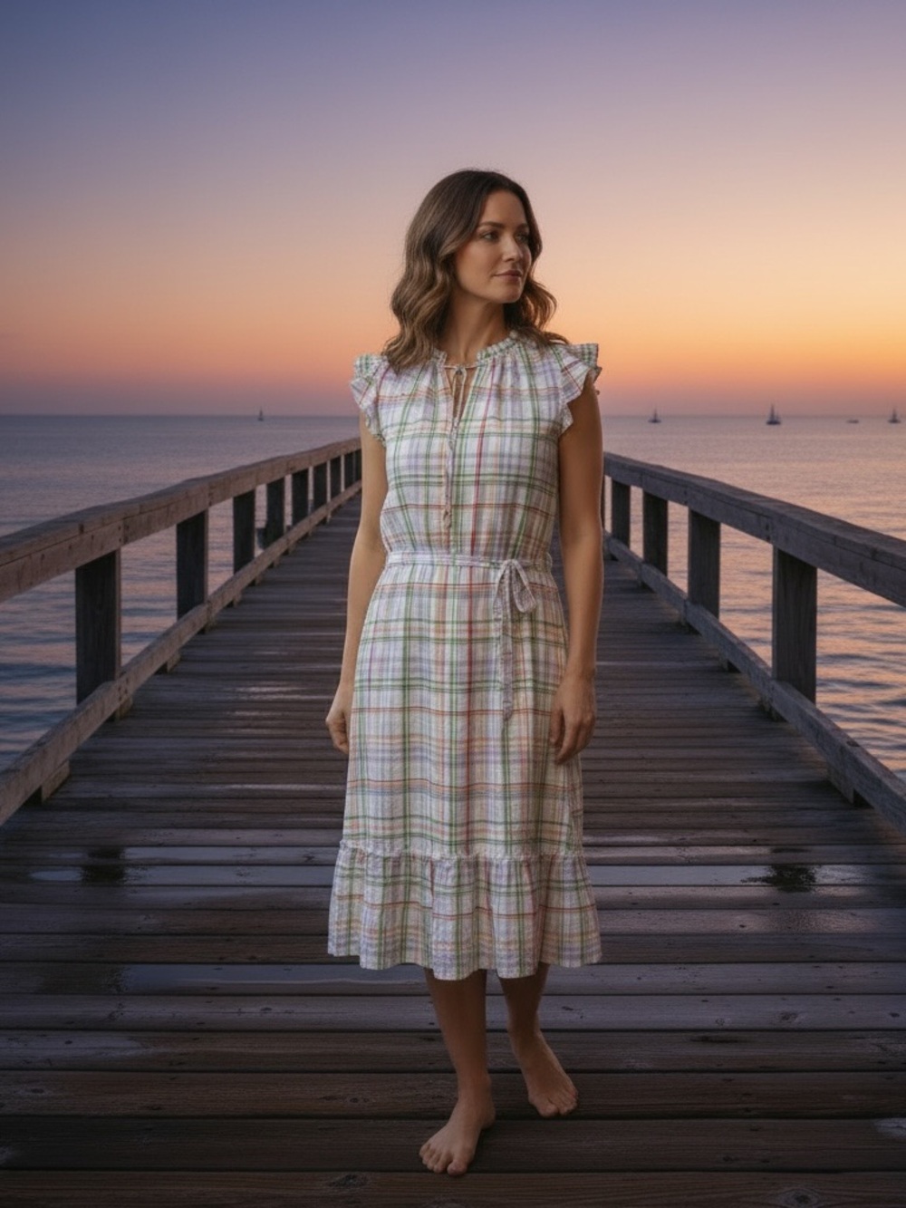 Ann Taylor White Plaid Midi Dress with Green, Orange and Pink Stripes